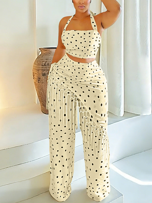 Polka Dot Halter Fringe Pants Set