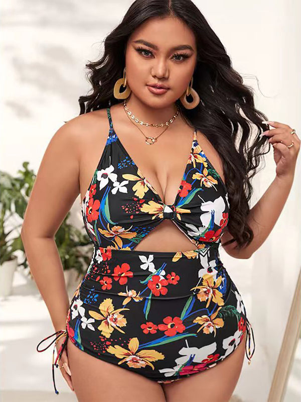 Plus Size Floral Print Backless Swimsuit