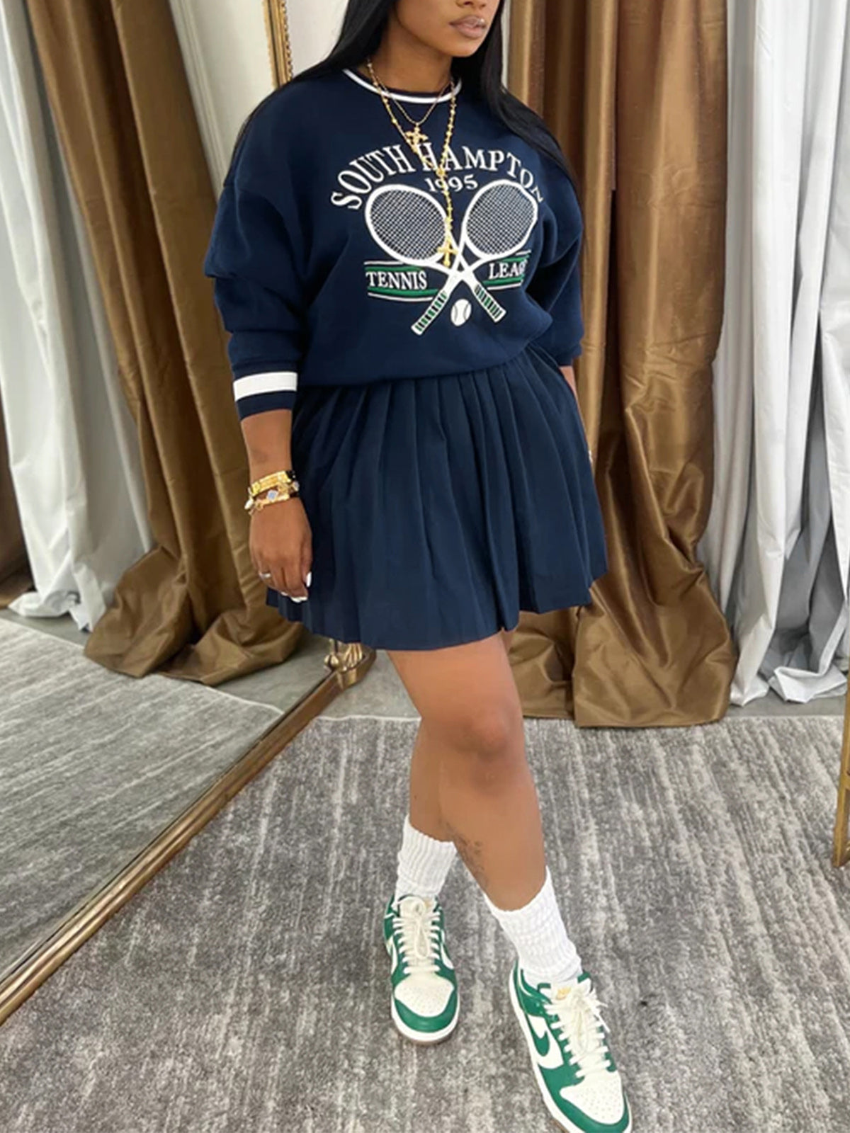 Vintage Tennis Print Sweatshirt Pleated Skirt Set
