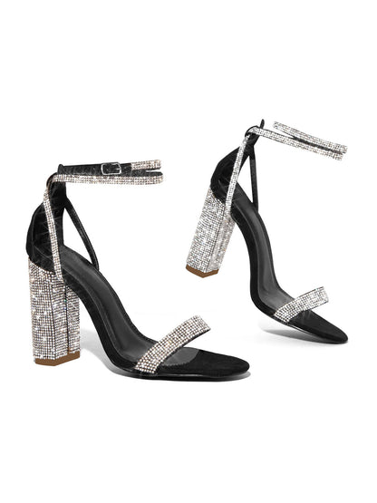 Rhinestone Ankle Strap Block Heel Sandals
