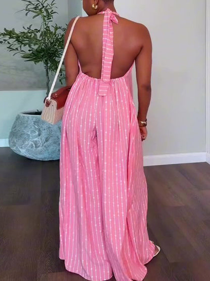 Halter Backless Stripe Wide Leg Jumpsuit