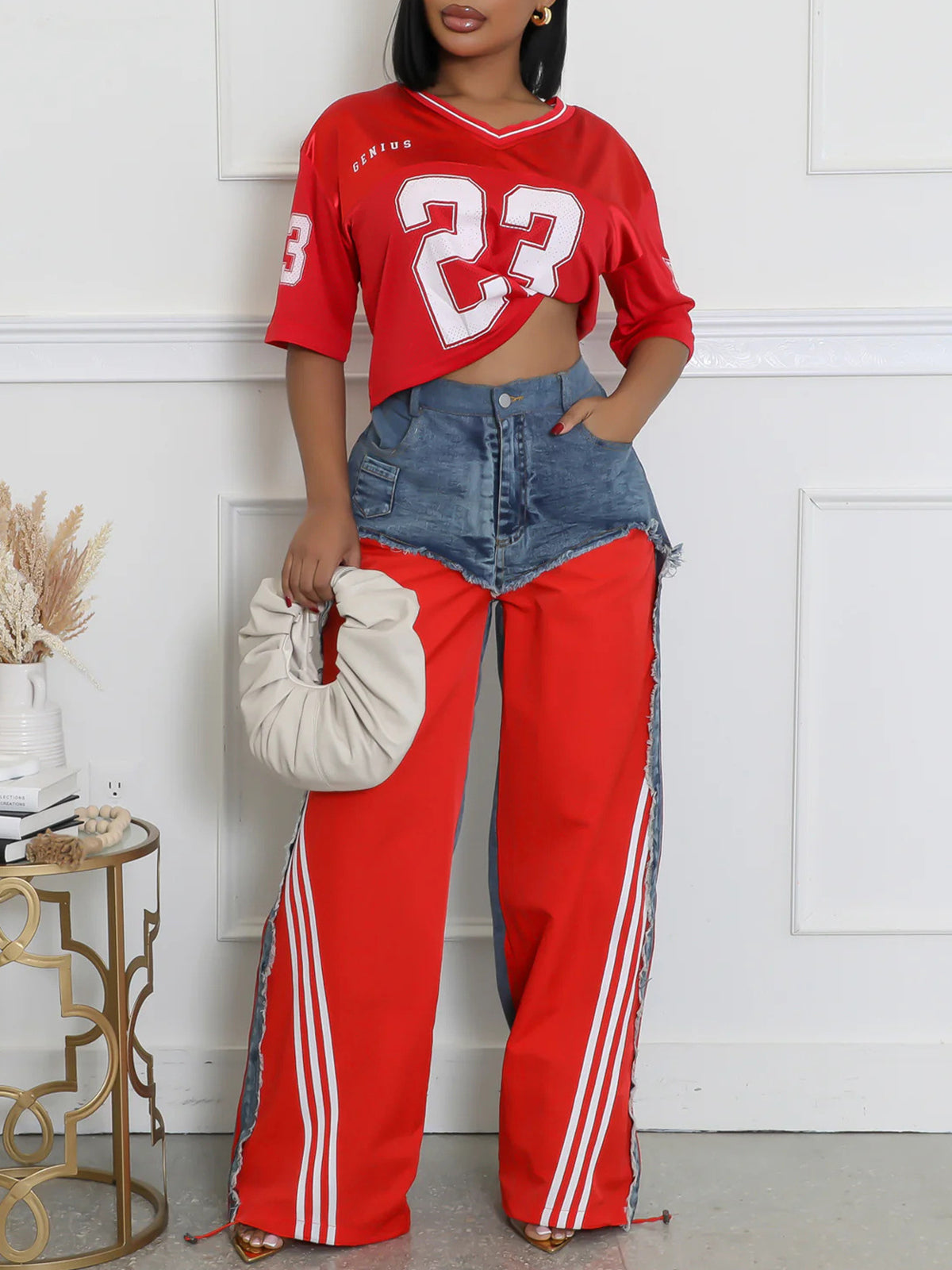 Stripe Patchwork Drawstring Denim Pants