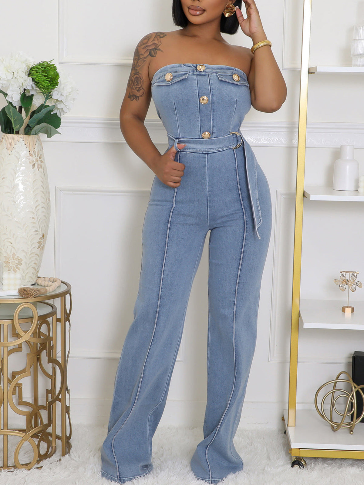Strapless Flared Leg Denim Jumpsuit