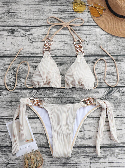 Two Piece Halter Neck Chain Patchwork Swimsuit