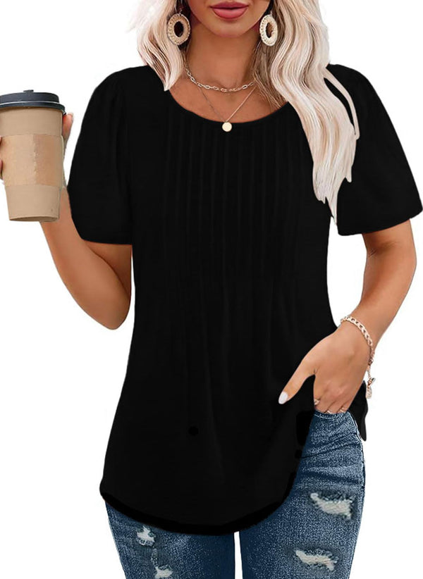 Short Sleeve Pleated Crew Neck Top