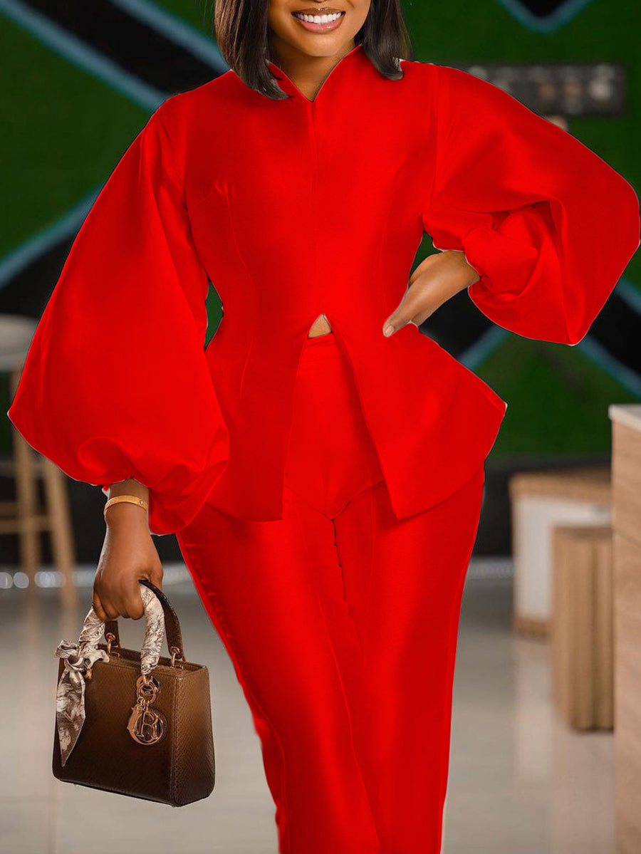 Puff Sleeve Slit Top Pants Set