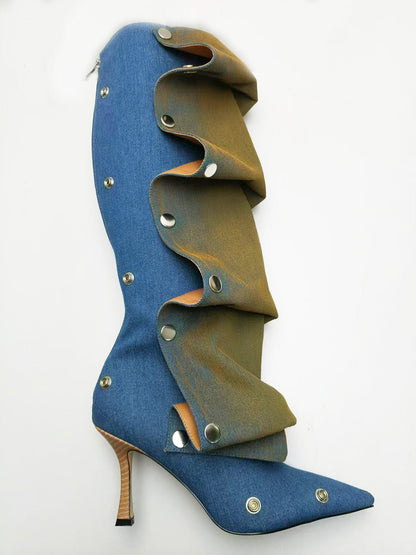 Studded Ruched Stacked Heel Long Boots