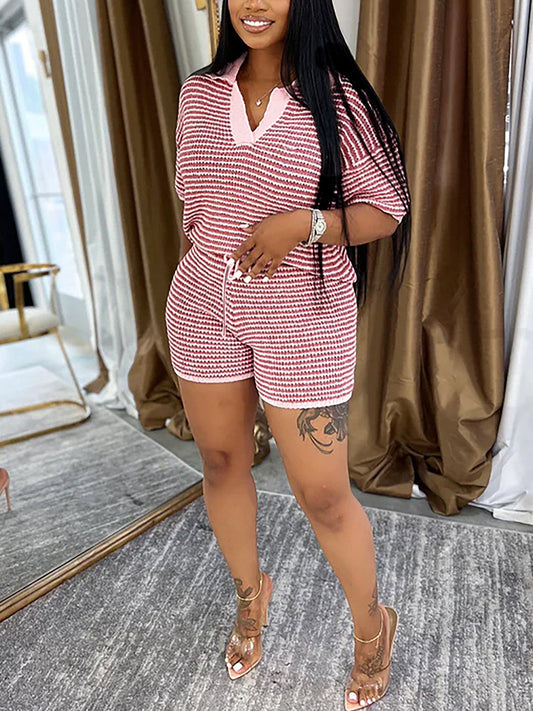 Striped Knit Top High Waist Shorts Set