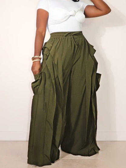 Ruffle Trim Drawstring Wide Leg Pants