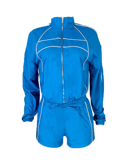 Zipper Colorblock Long Sleeve Shorts Set