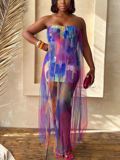 Colorblock Mesh Patchwork Strapless Dress