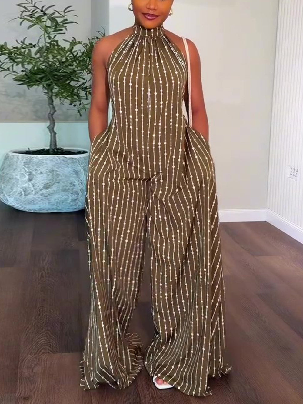 Halter Backless Stripe Wide Leg Jumpsuit