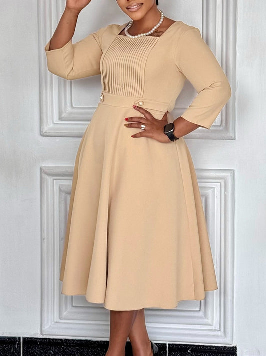 Plus Size Square Neck Pleated Dress