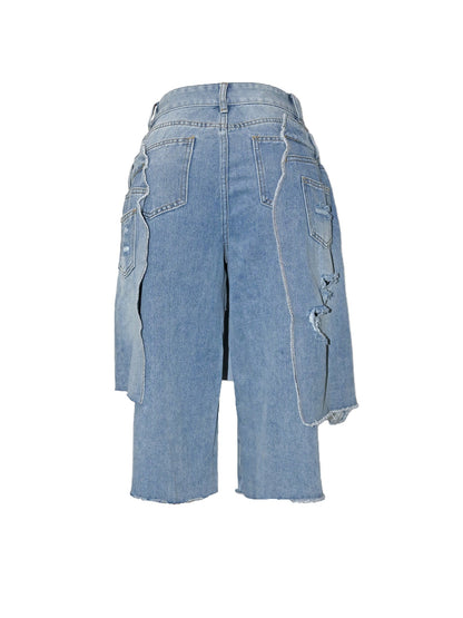 Asymmetrical Distressed Denim Capri Pants