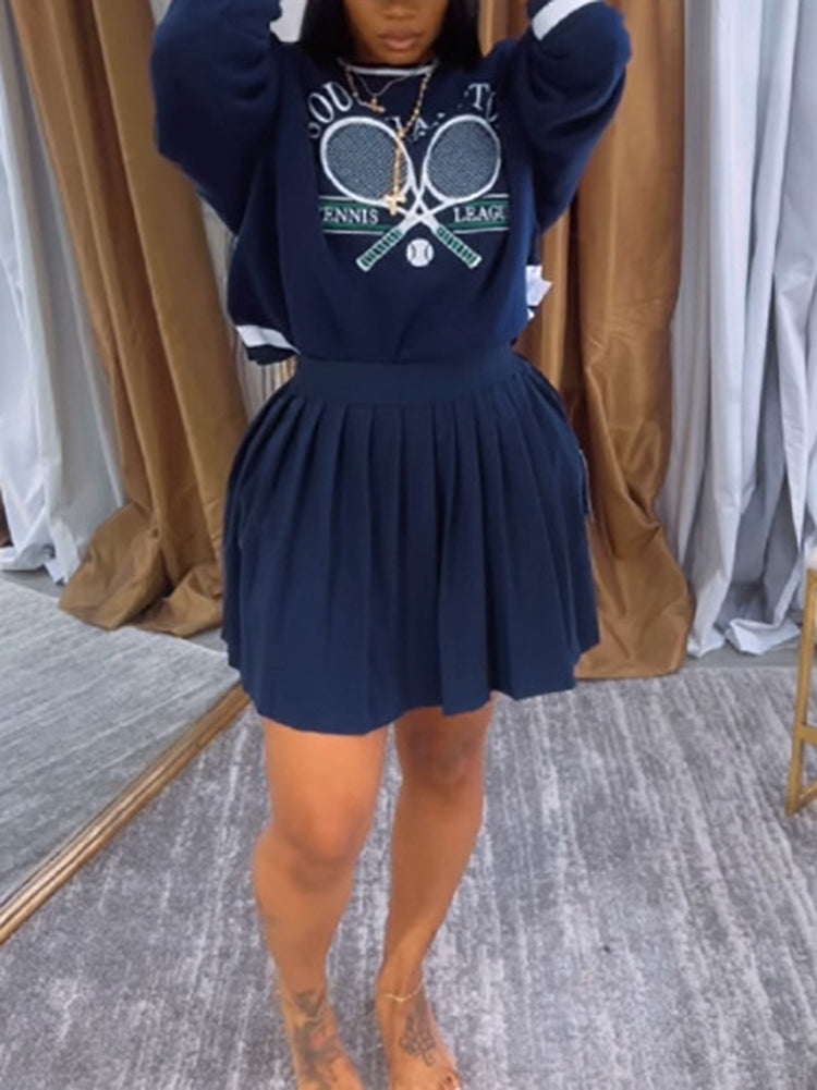 Vintage Tennis Print Sweatshirt Pleated Skirt Set