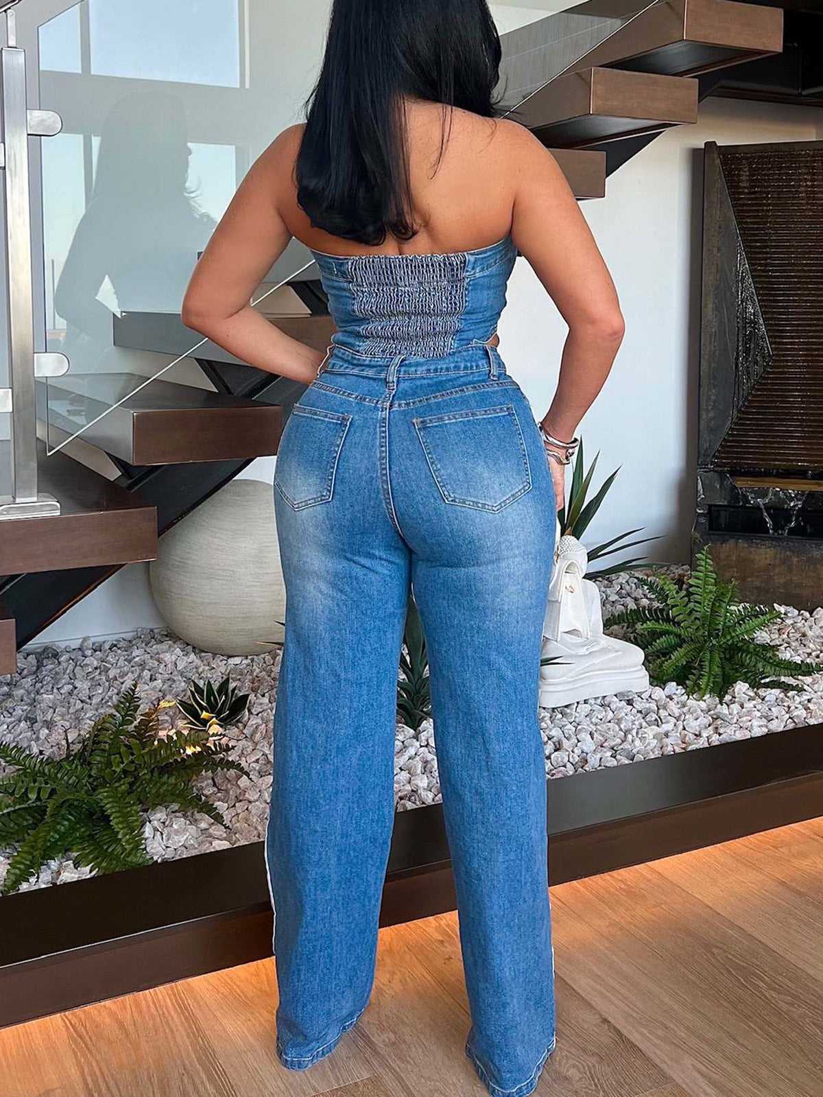 Denim Tube Top Wide-Leg Jumpsuit