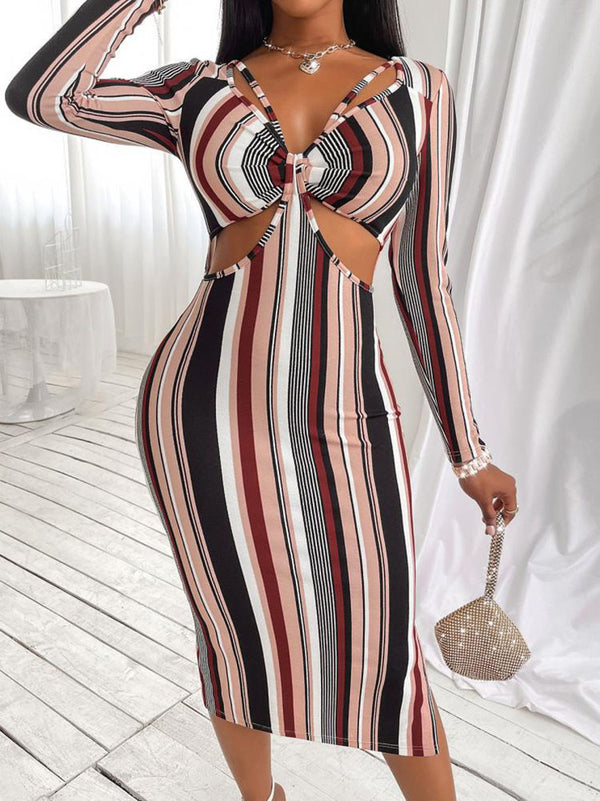 Striped Print Long Sleeve Midi Dress