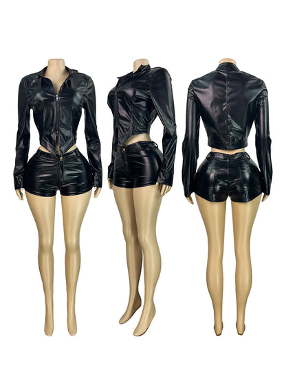 Two Pieces PU Zipper Crop Jacket Shorts Set