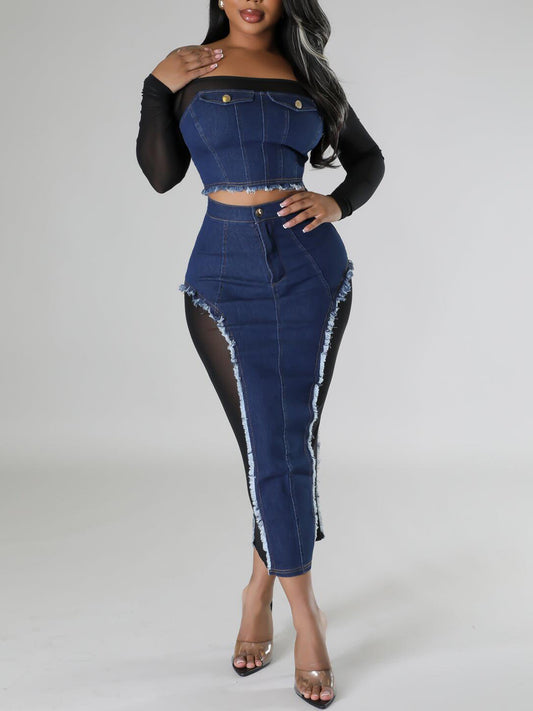 Off Shoulder Mesh Denim Skirt Set