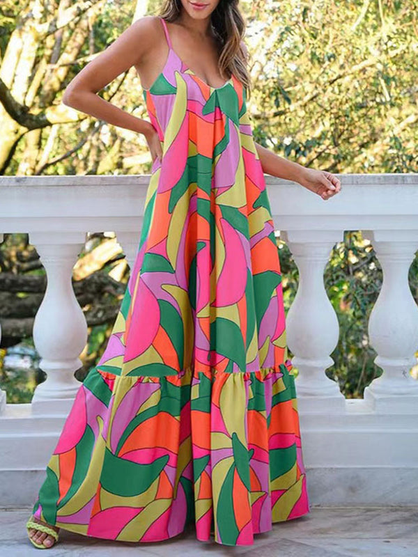 V Neck Backless Spaghetti Strap Printed Maxi Dress