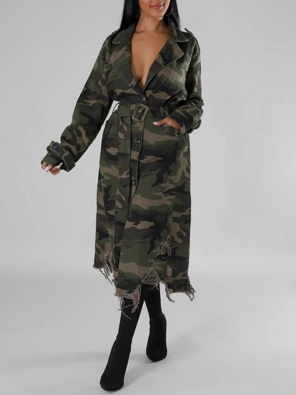 Distressed Camouflage Long Trench Coat