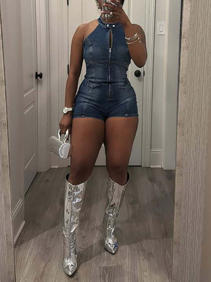 Sleeveless Zip Front Cutout Denim Romper