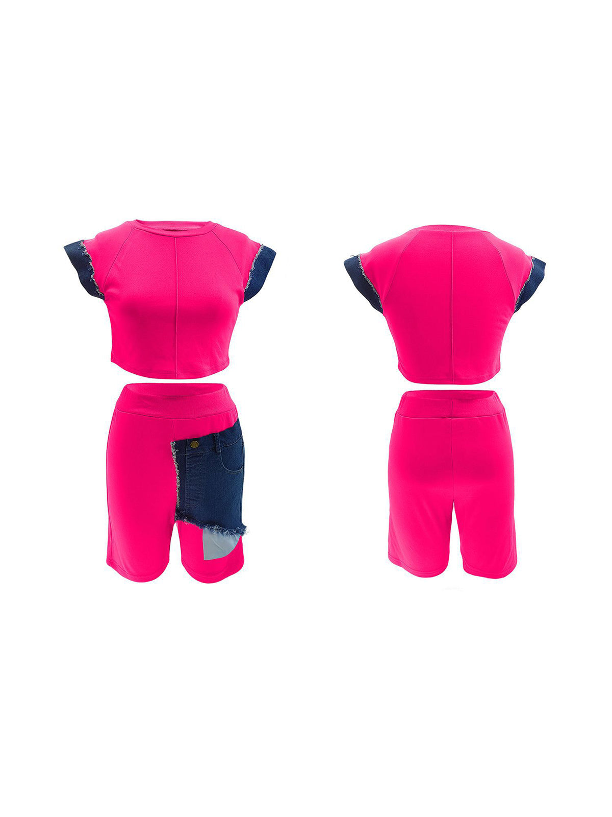 Colorblock Denim Top Shorts Set