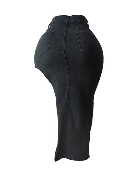 Graffiti Patchwork High Slit Denim Midi Skirt