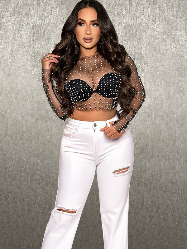 Long Sleeve Mesh Rhinestone Crop Top