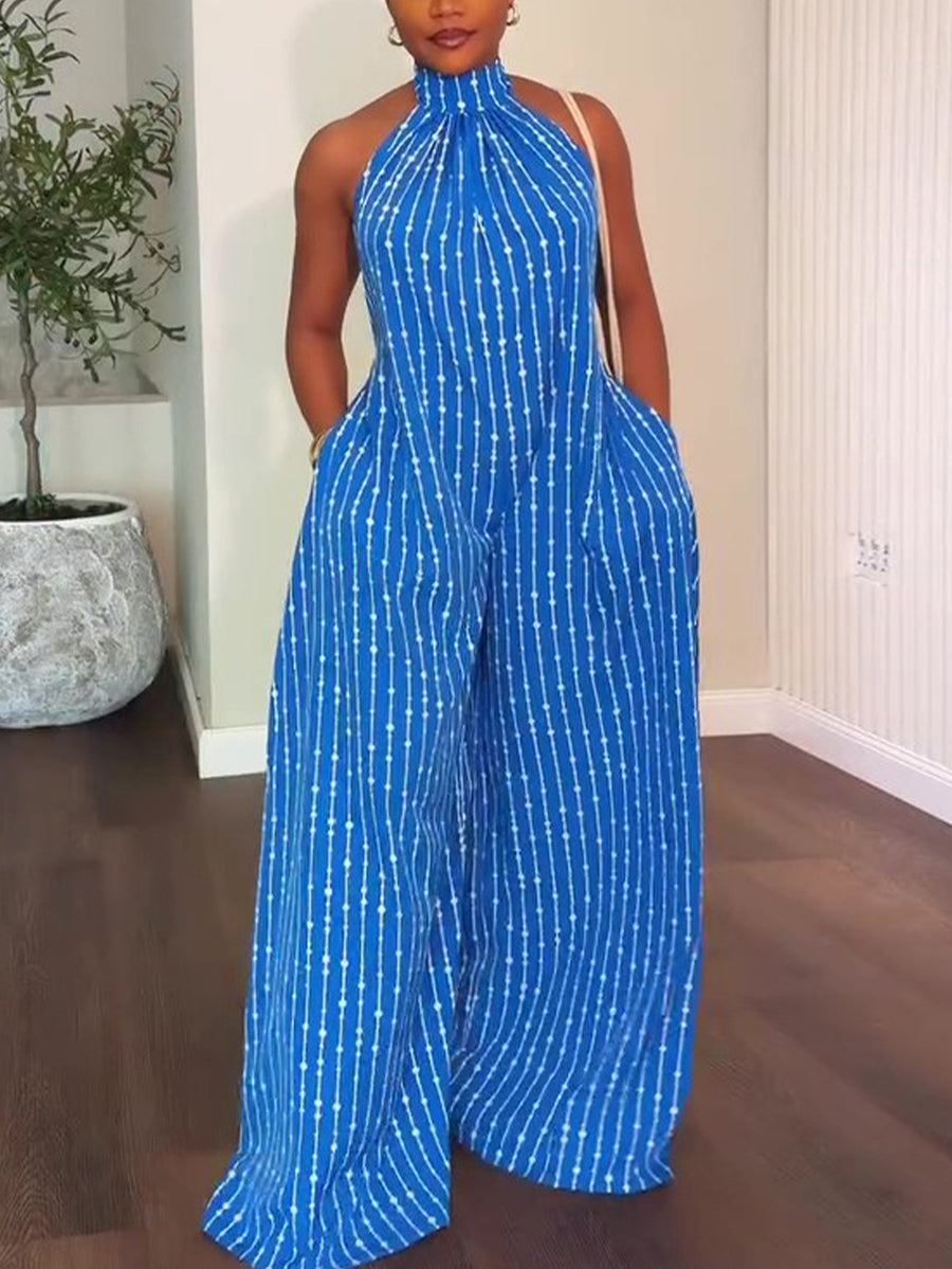 Halter Backless Stripe Wide Leg Jumpsuit