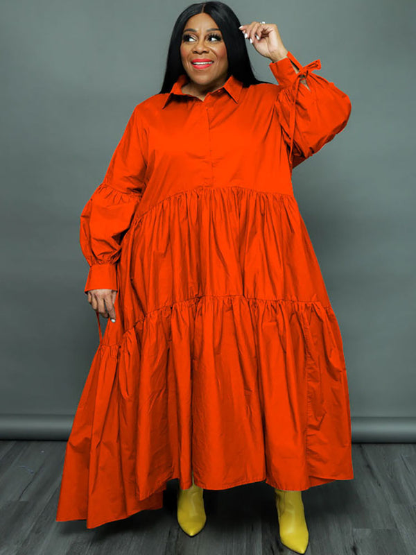 Plus Size Long Sleeves Ruffle Hem Maxi Dress