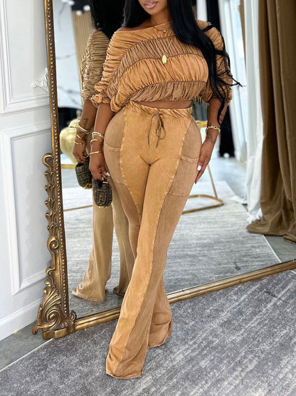 Two Pieces Solid Color Ruched Pants Set