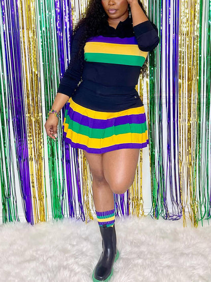 Two-Piece Striped Tops Ruched Skirt