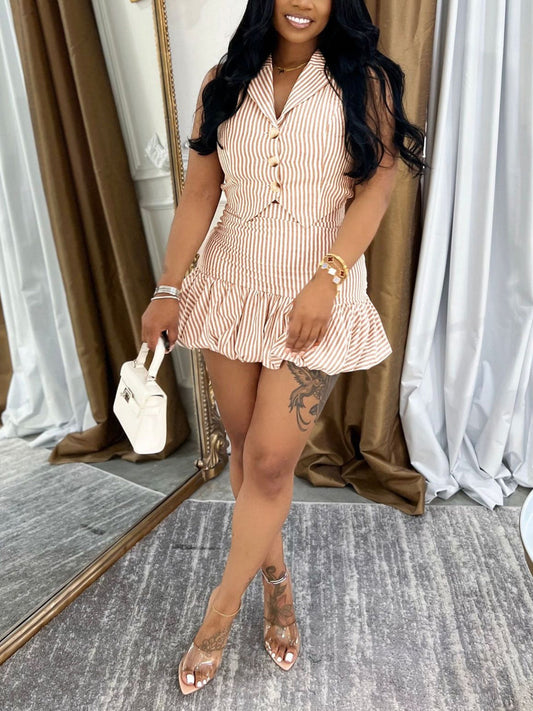 Striped Vest Bubble Skirt Set