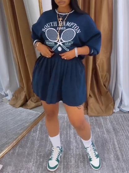 Vintage Tennis Print Sweatshirt Pleated Skirt Set