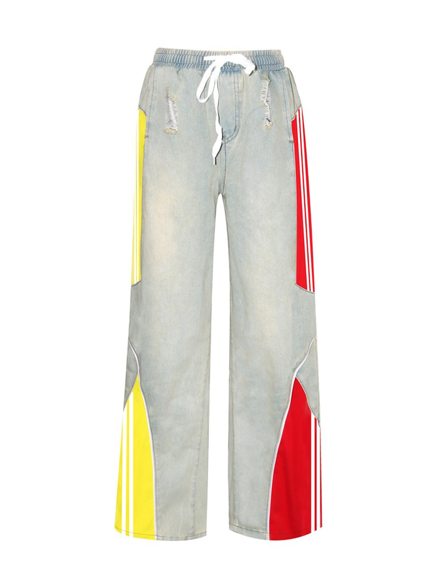 Drawstring High Waist Color Block Jeans