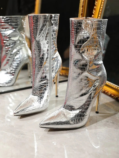Metallic Pointed Toe Stiletto Ankle Boots