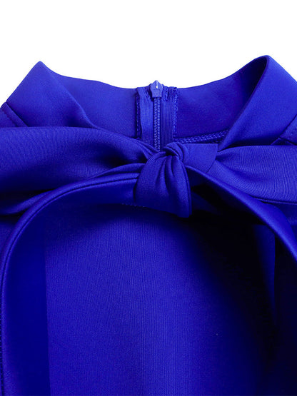 Puff Sleeve Bow-Tie Neck Flared Midi Dress