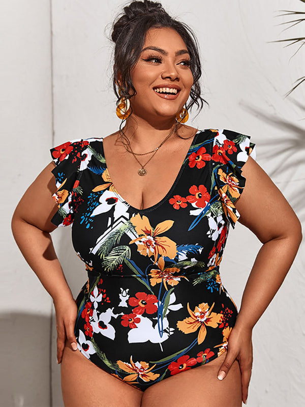 Plus Size Sleeveless Ruffle Floral Print Swimsuit