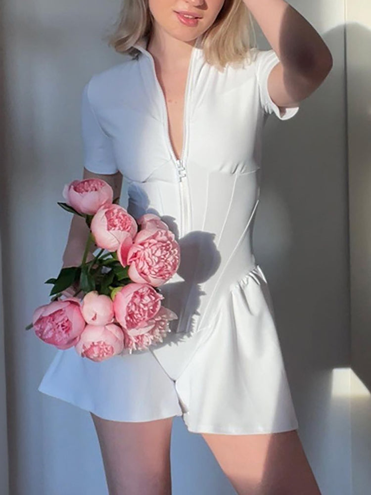 Short Sleeve Zip Front Rompers