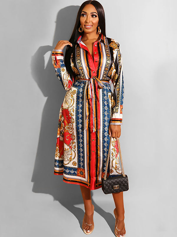 Long Sleeves Totem Pattern Belted Midi Dress