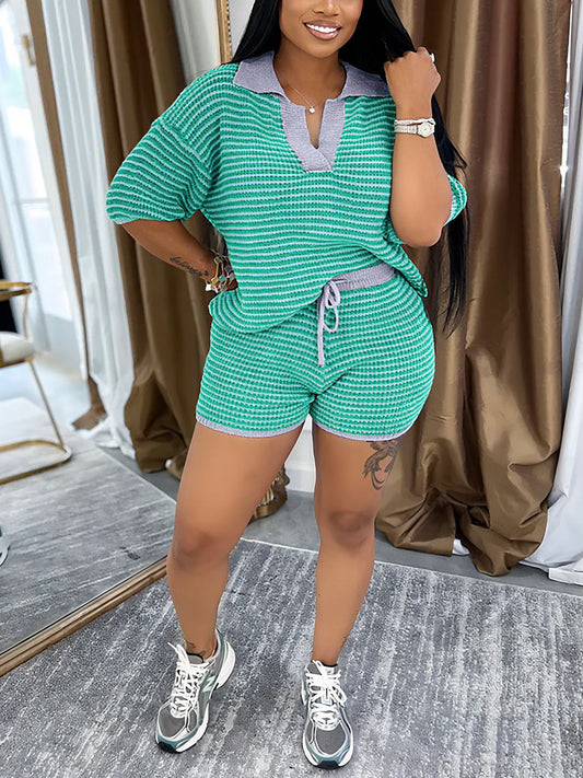Striped Knit Top High Waist Shorts Set
