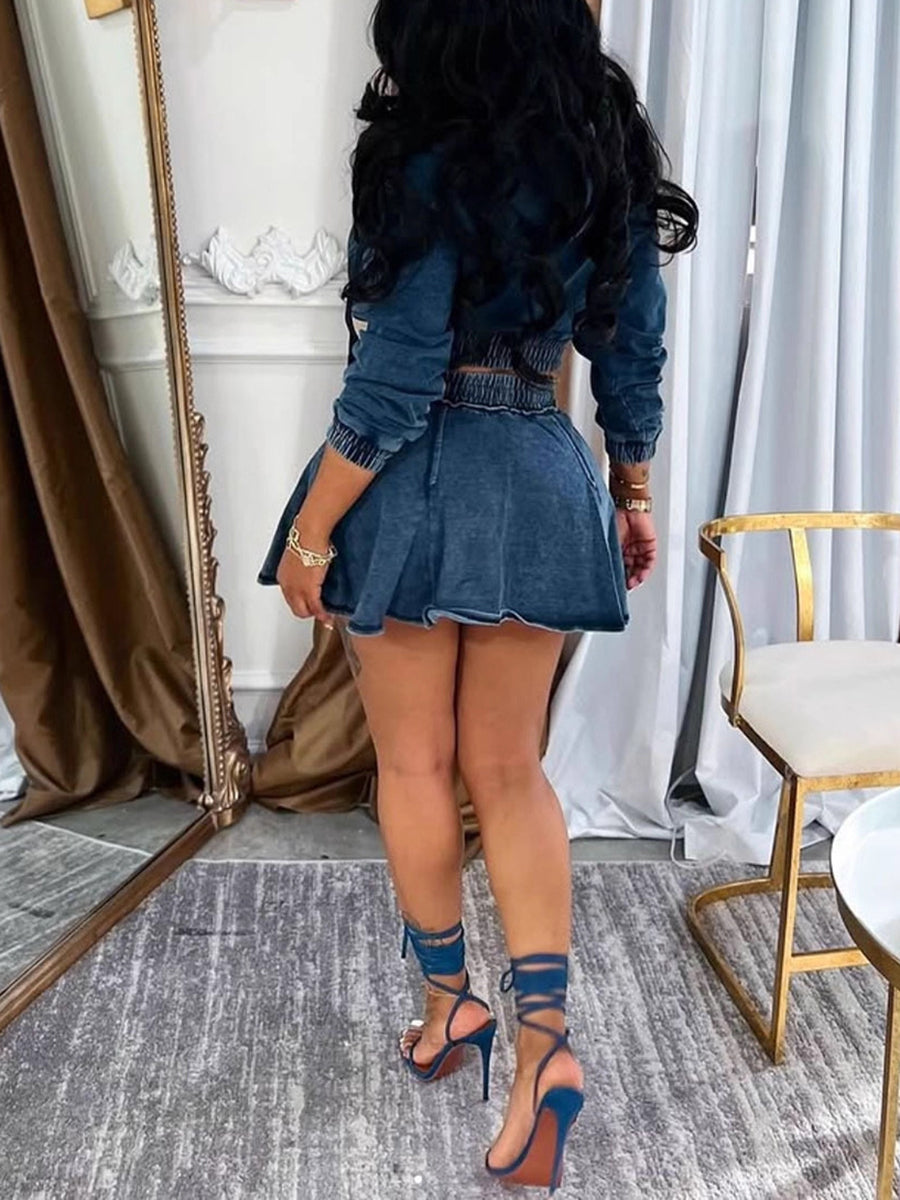 Two Piece Denim Zip Up Jacket Skirt Sets