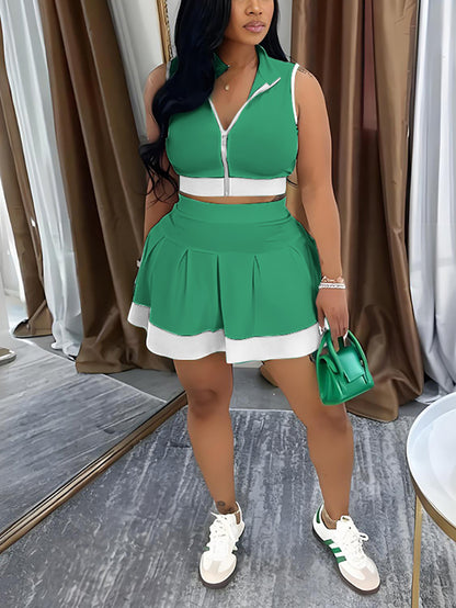 Sleeveless Zip-Up Crop Top Pleated Skirt Set