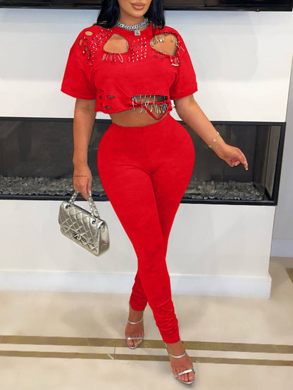 Cut-Out Stud Pin T-Shirt Pant Set