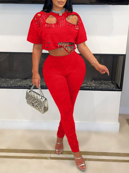 Cut-Out Stud Pin T-Shirt Pant Set