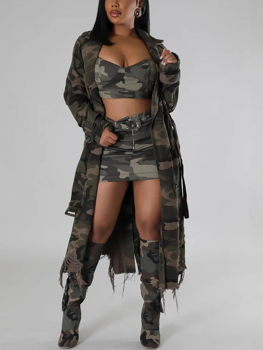 Distressed Camouflage Long Trench Coat