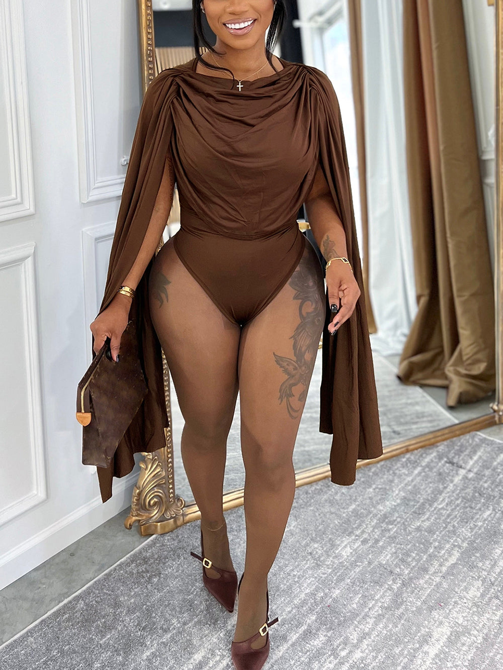 Draped Round Neck Cape Sleeve Romper