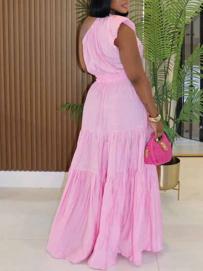 Linen Boho One Shoulder Maxi Dress