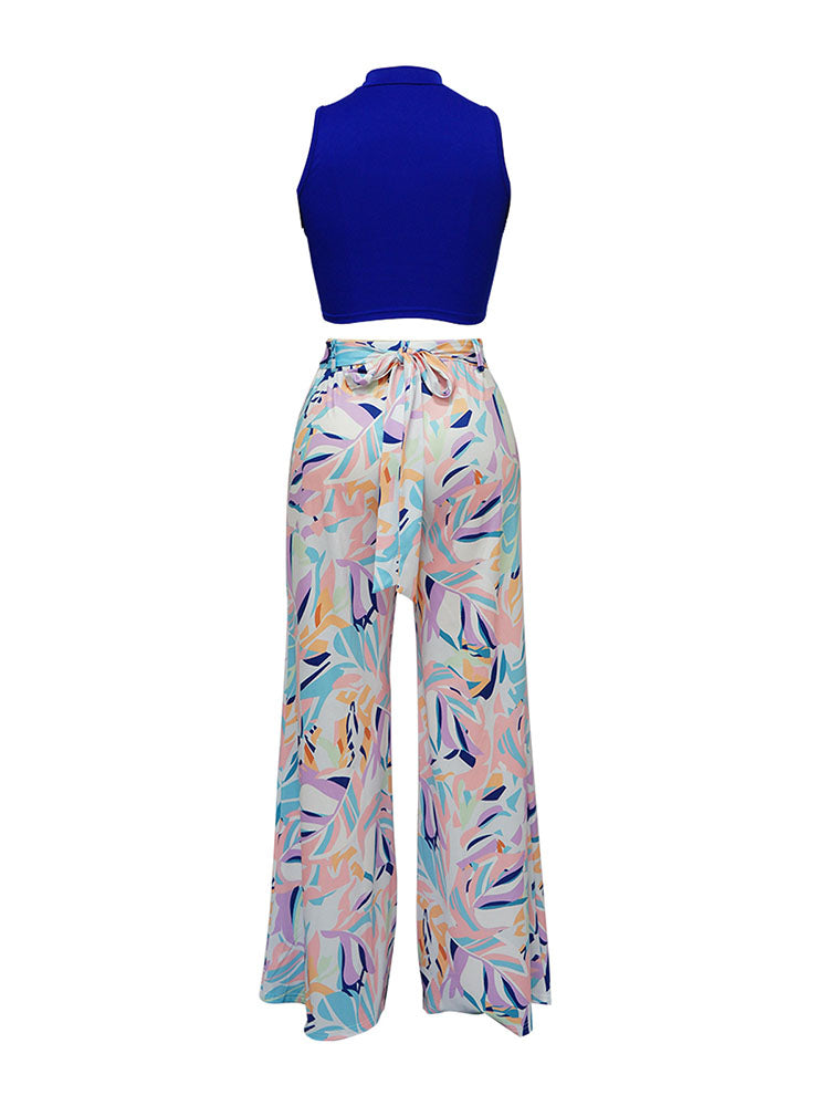 Two Piece Crop Top Floral Print Long Pants